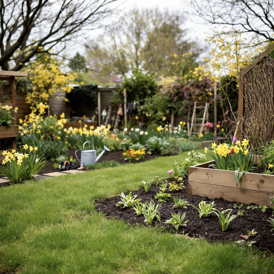 Spring garden with flowers, seedlings, and raised beds.