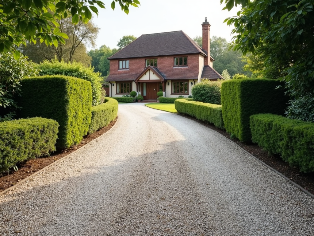 a_freshly_cleaned_image Freshly cleaned gravel driveway leading to a red-brick detached house, surrounded by neatly trimmed hedges and lush greenery in a UK countryside garden.