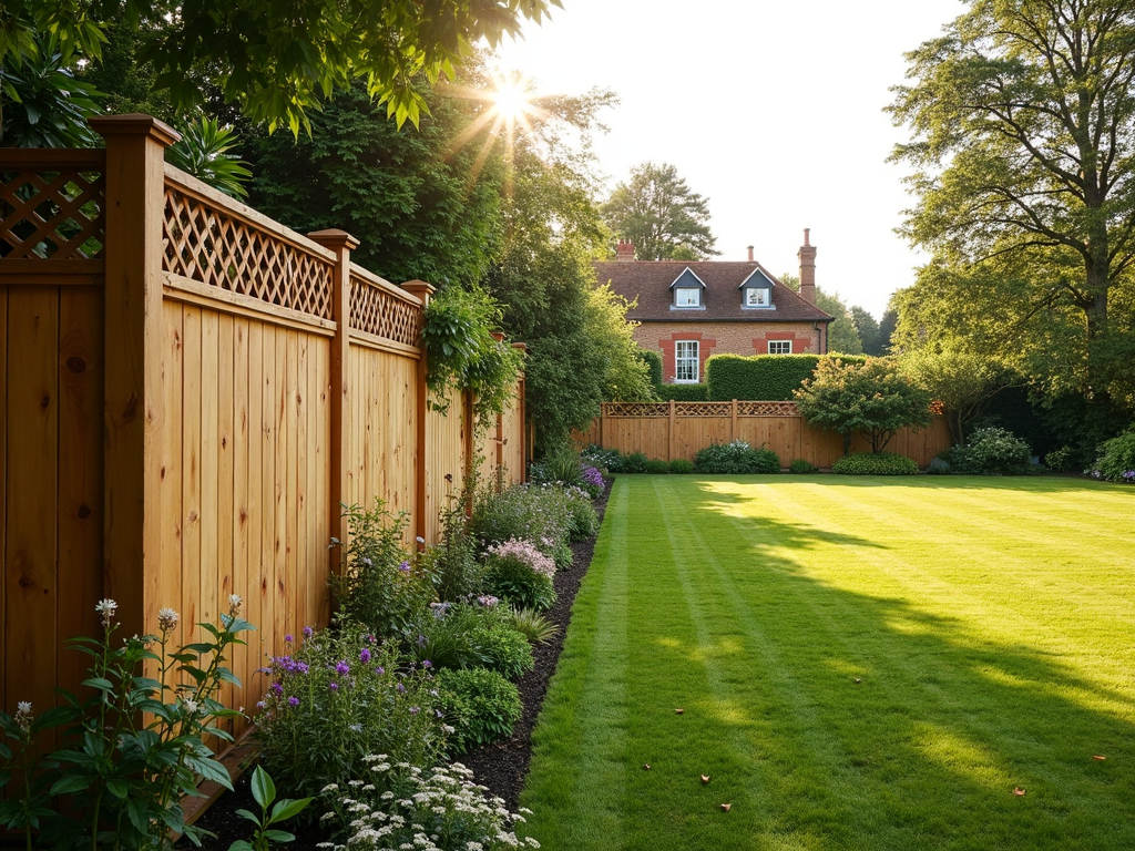 a_long_single_woo_image A long wooden garden fence with trellis top running along one side of a large, well-kept British garden with lawn, flower beds, and soft sunlight.