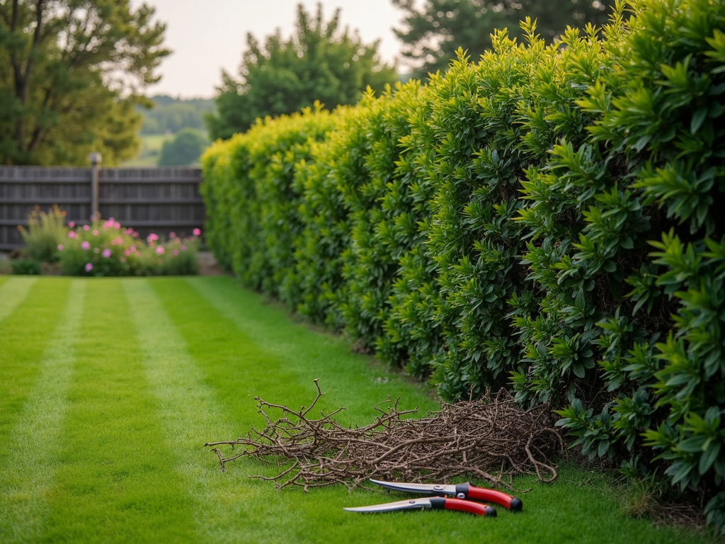 Overgrown hedge in a well-maintained Shropshire garden with neatly striped lawn, captured in early summer.