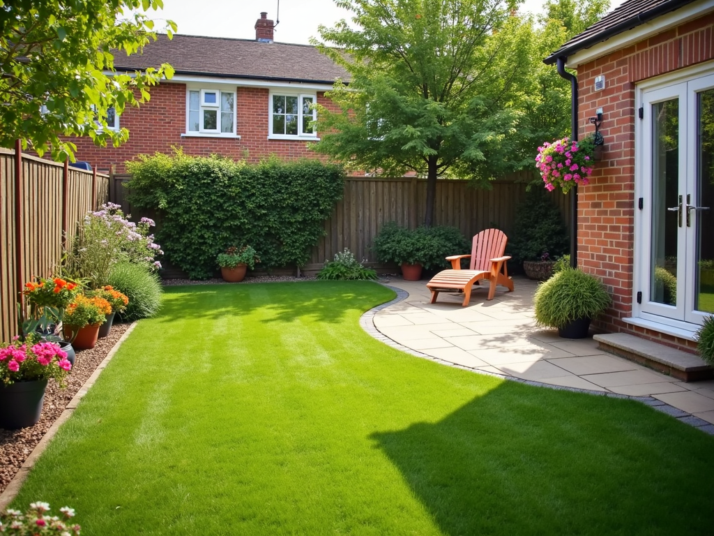 Edging a lawn with a clean curved border alongside a patio and flower beds in a well-maintained garden