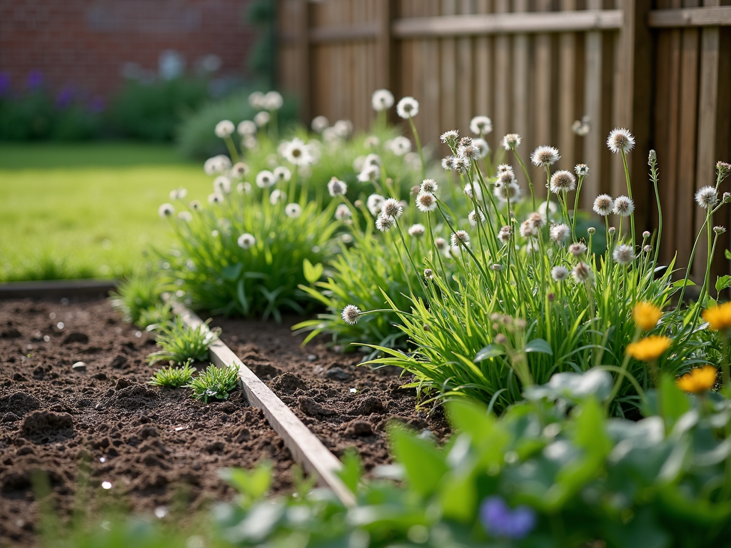 a_realistic_profe_image Dandelion weeds growing in a neatly edged garden bed with bare soil, wooden fencing, and healthy surrounding plants in a British garden.