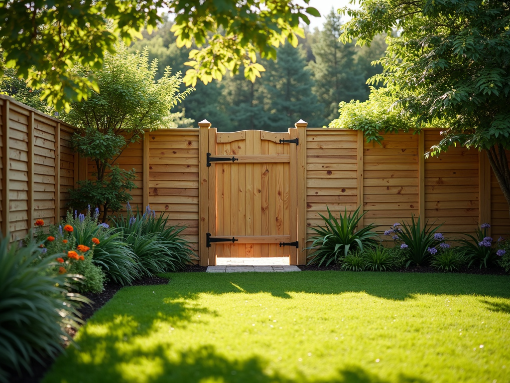 Wooden picket garden fence and gate surrounded by colourful summer flowers in a neatly maintained British garden.